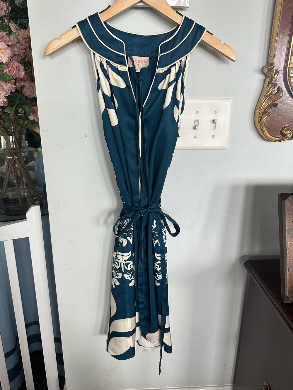 Teal & Cream Sleeveless Tie-Waist Dress-XS but fits like a S